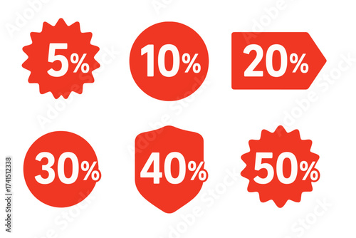 Bright red special offer discount symbols with 5%, 10%, 20%, 30%, 40%, and 50% percentages, sale tags, shopping labels, promotion badges, vector illustration with transparent background
