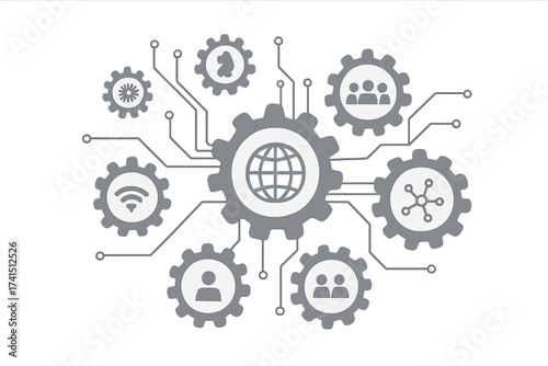 Technology mechanism concept with integrated gears and icons representing digital strategy, internet, network connectivity, communication, social media, global collaboration, and innovation
