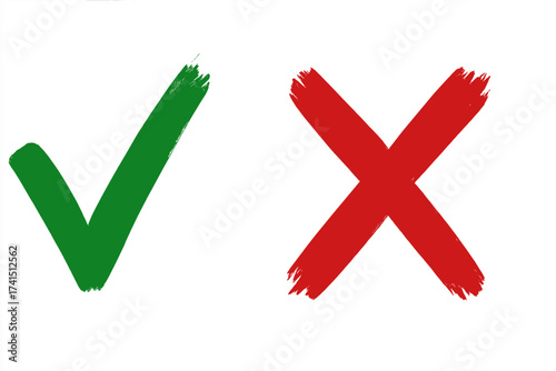 Green Checkmark and Red Cross Brushstroke Symbols, Isolated on White Background, Yes and No Icons, Approval and Rejection Signs, Simple Bold Marks for Voting and Decision Making
