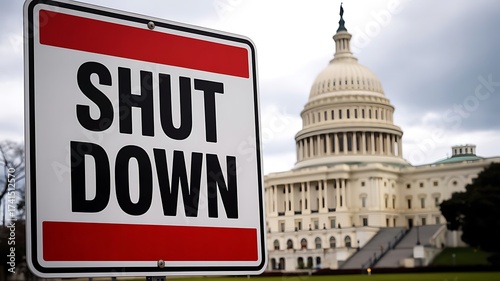 Government shutdown sign in front of the united states capitol building symbolizing political stalemate and budgetary crisis