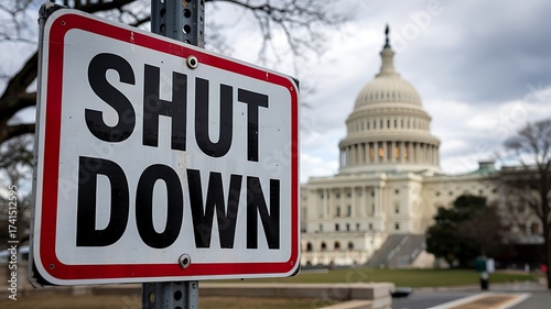 Government shutdown sign in front of the united states capitol building symbolizing political stalemate and fiscal uncertainty
