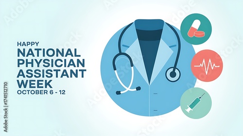 Celebrating national physician assistant week with medical icons and a stethoscope on a light blue background