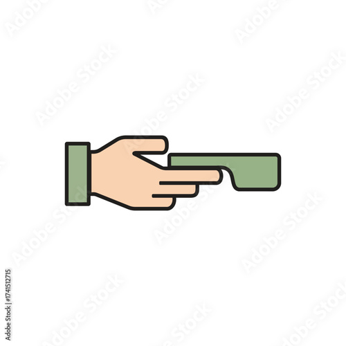 Hand with index finger extended pointing to the right, holding a light green rectangular object