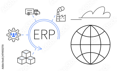 ERP process surrounded by icons of factory, truck, gears, stacked blocks, cloud, and globe. Ideal for technology, management, automation business workflow strategy global operations supply chain