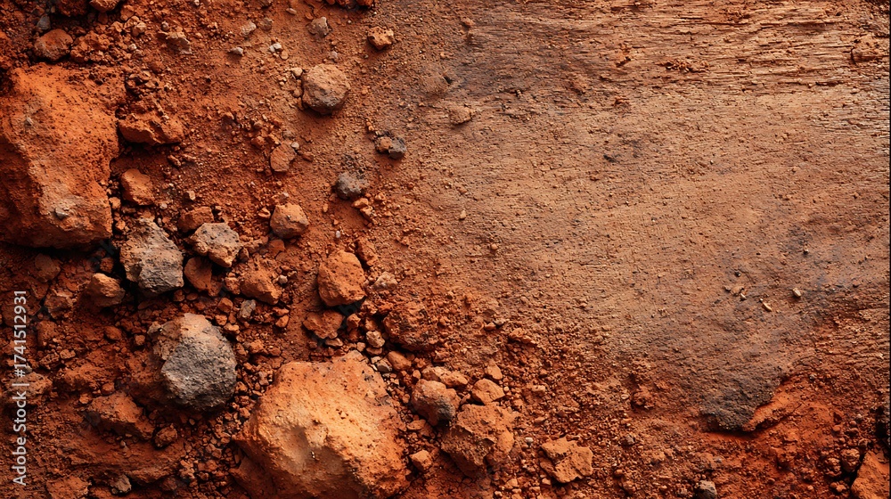 Fototapeta premium Close up abstract texture of rough reddish brown soil with small pebbles and gritty sand creating a natural earthy background pattern