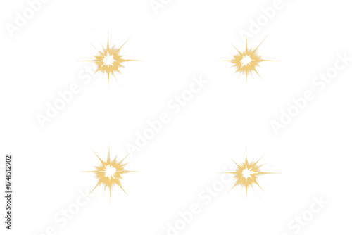 Transparent gold glow light effect with sparkling starburst glitter vector illustration set on transparent background, radiant shining sparkles for festive designs and decoration elements
