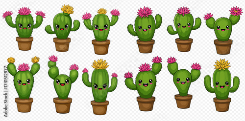 A collection of cute cartoon potted cacti with various expressions and colorful pink and yellow flowers.