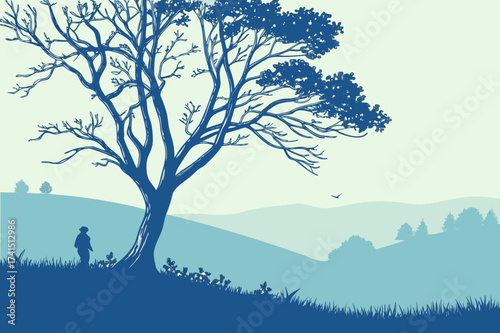Hiker/Backpacker Silhouette Walking Up Hill with Bare Tree Vector