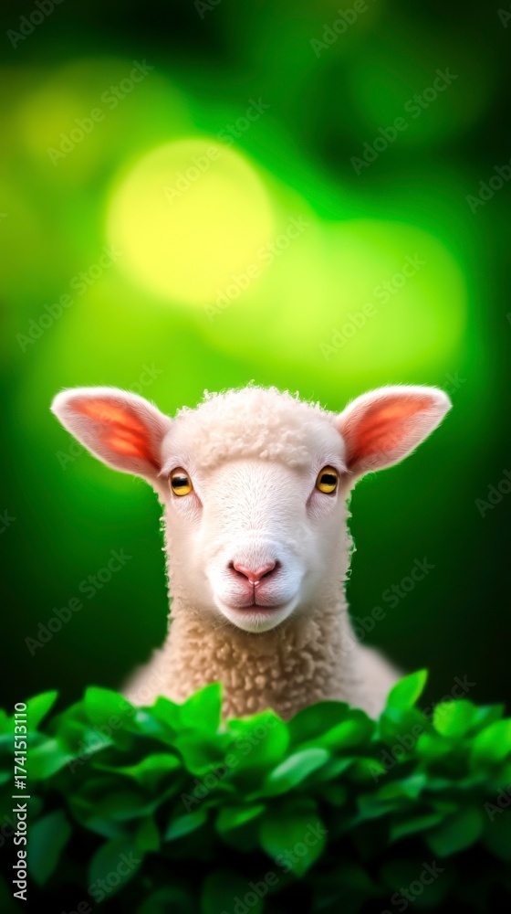 Obraz premium Adorable Young Sheep Peeking Through Vibrant Green Foliage in Nature's Fresh Setting