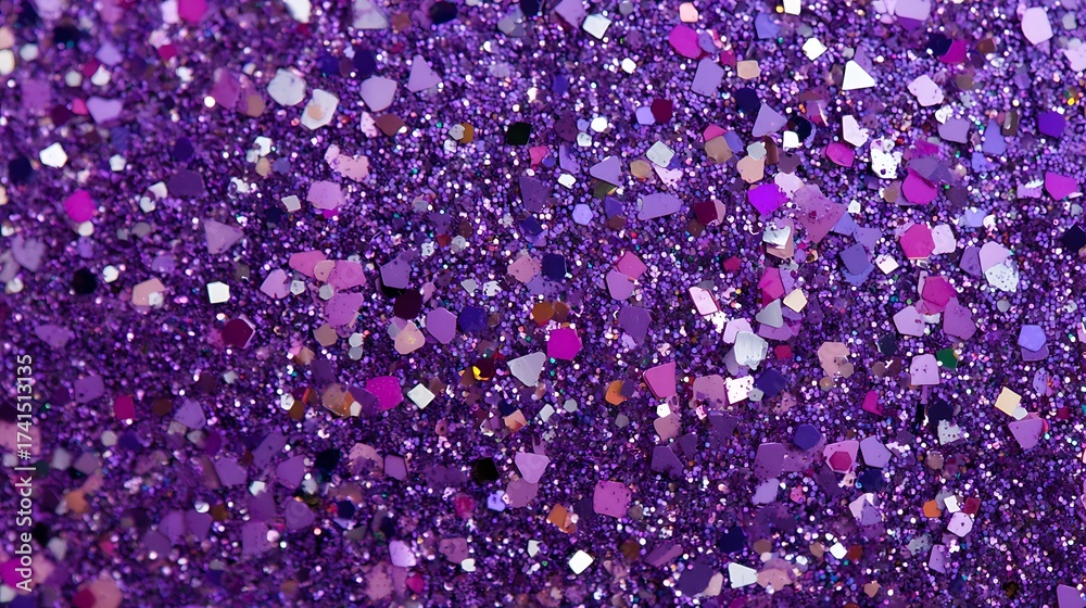 Fototapeta premium Close up macro shot of vibrant sparkling purple glitter particles creating a dazzling abstract textured background with shimmering highlights and bokeh effects