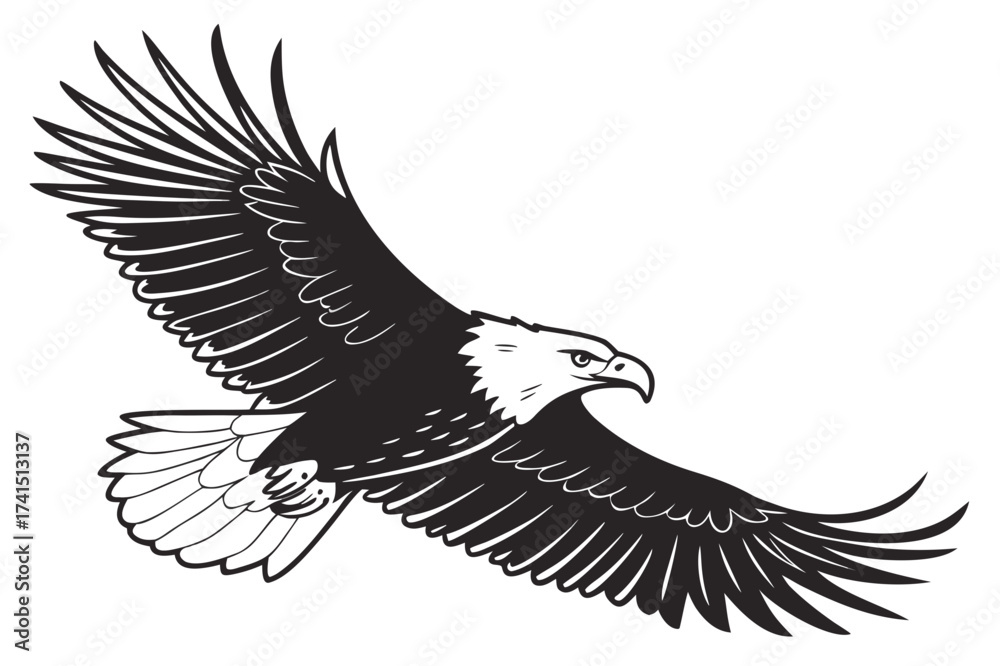 Fototapeta premium Eagle Roaring on Log with Flying Birds Vector - Monochrome Line Art Graphic