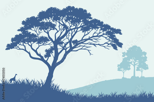 Ibis/Wading Bird Wearing a Sneaker with African Trees Vector - Monochrome Humorous Graphic