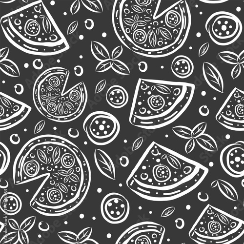 Hand-drawn pizza seamless pattern in black and white. Great for restaurant logos, culinary projects, wrapping paper, food festival posters, and cooking blogs.