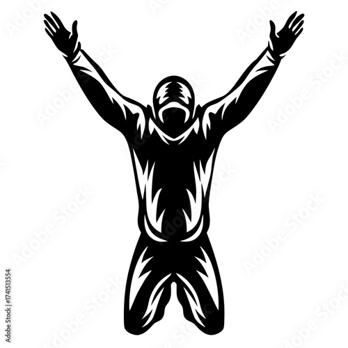 Silhouette of a person on their knees with arms raised upwards high