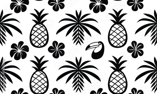 Tropical paradise pattern with pineapples, palm trees, hibiscus and toucan black and white seamless repeat for summer vibes