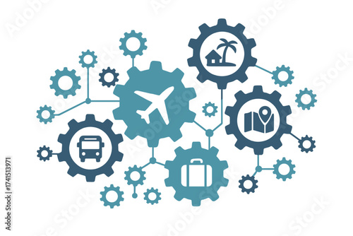 Travel mechanism concept with interconnected gears and flat icons, airplane, bus, suitcase, map, and holiday symbols in interactive vector illustration design for tourism