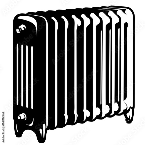 Monochrome illustration of a cast iron radiator used for heating homes