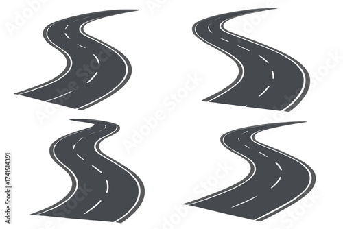 Winding curved road vector illustration, highway transportation set, asphalt road with lane markings, 3D perspective highway curves, traffic direction, transparent background