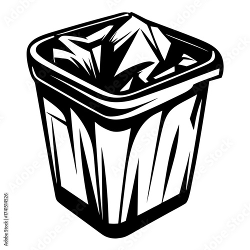 Bold minimalist illustration of a crumpled trash bag in a container