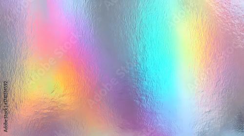 Iridescent holographic rainbow foil background with pastel pearlescent gradient and speckled metal texture vector