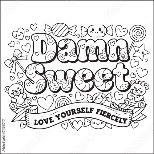 Groovy letters and swear words with motivational quotes for adults. black and white coloring pages. 