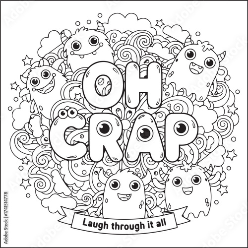 Groovy letters and swear words with motivational quotes for adults. black and white coloring pages. 