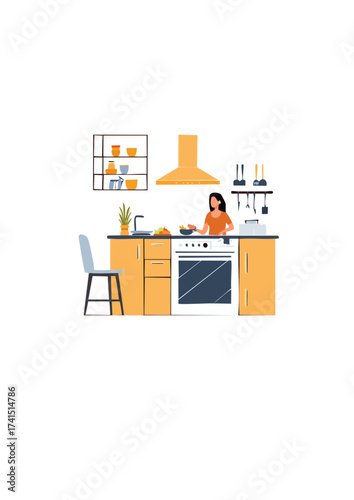 Flat vector illustration of a woman happily cooking a healthy meal in her modern home kitchen, depicting a cozy domestic lifestyle and culinary routine
