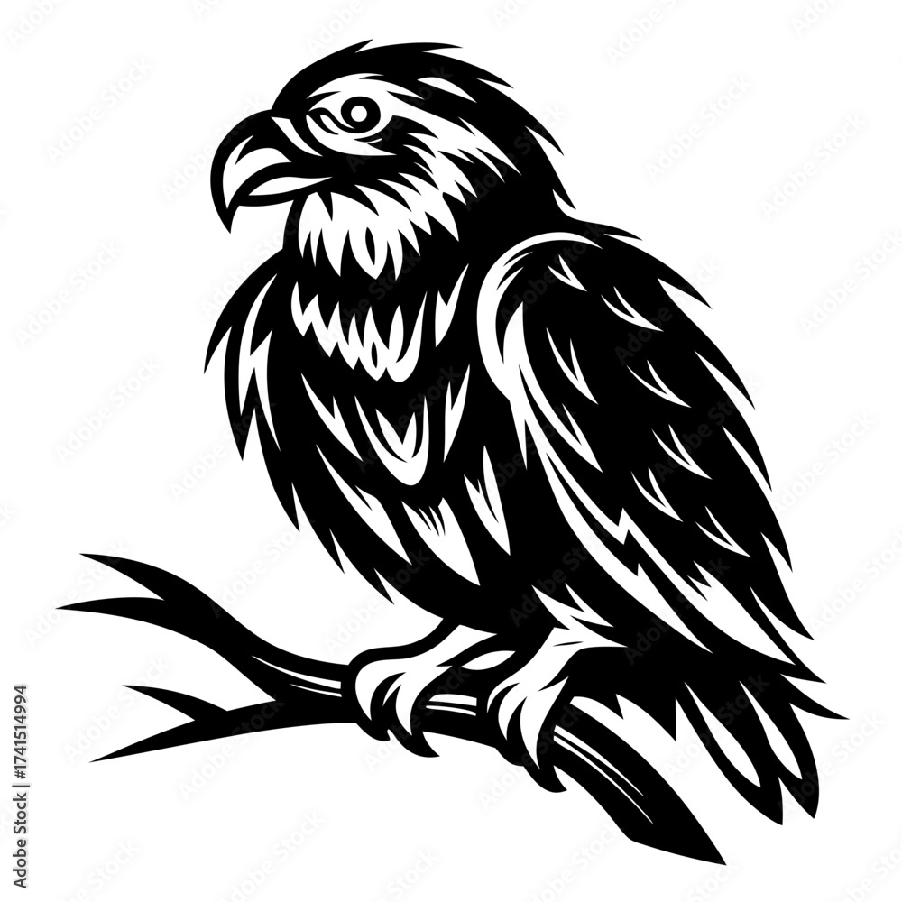 Obraz premium Monochrome illustration of an eagle perched on a branch with powerful details