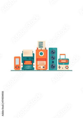 A collection of vintage electronic devices and gadgets from the 80s and 90s era