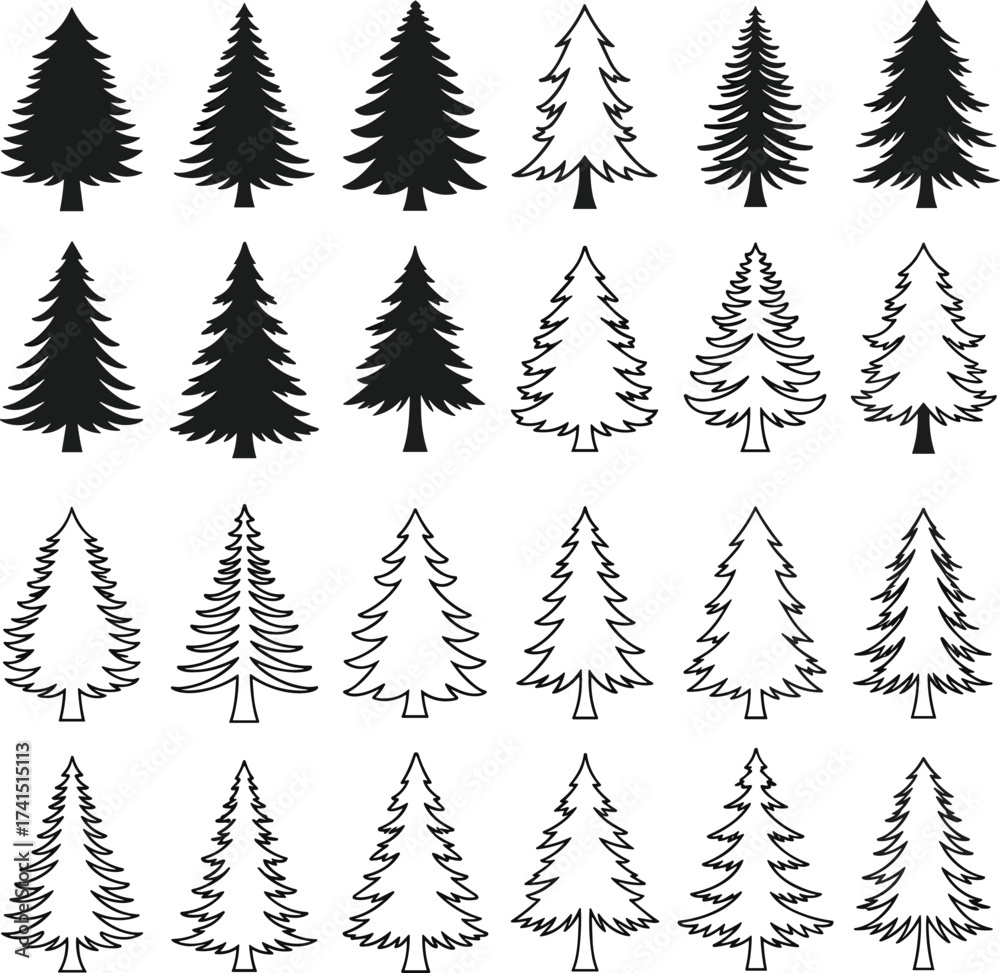 Obraz premium Pine tree silhouette and outline collection, evergreen conifer forest vector set, Christmas tree illustration, black and white design for holiday projects