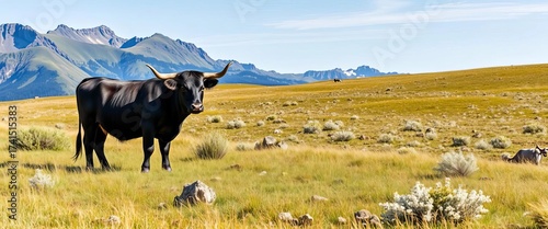 Black Angus cow peacefully grazing Wyoming's Big Horn Mountains grassland,  rural,  scenery