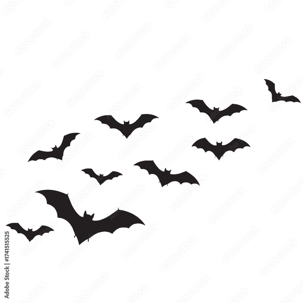 Naklejka premium Flock of silhouetted bats flying in formation against white background