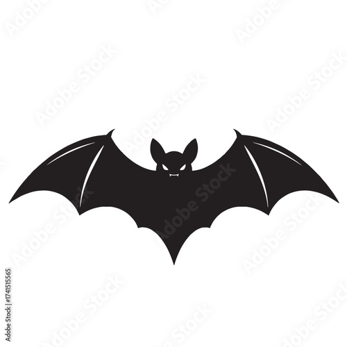 Black silhouette of a bat with outstretched wings on a white background