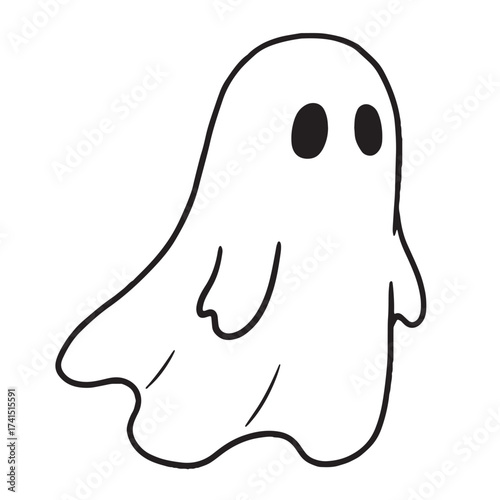 Cute simple cartoon ghost with big eyes on white background