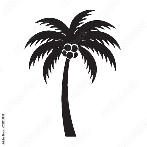 Black silhouette of a palm tree with coconuts on a white background