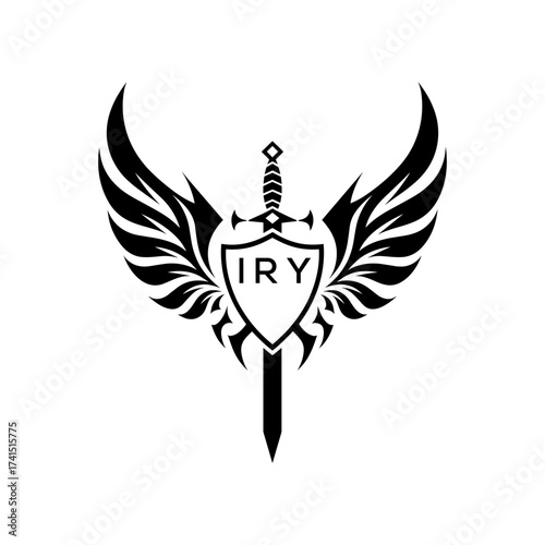 Winged Sword and Shield Logo with IRY Letters, IRY Later Logo, Heraldic Emblem, Black and White Vector Design
