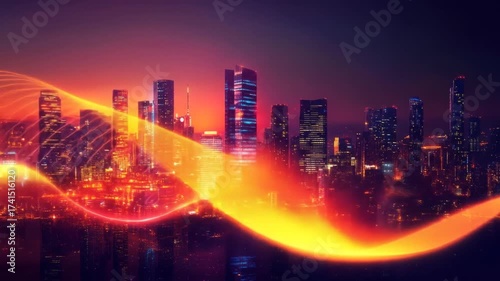 Wallpaper Mural Futuristic cityscape at dusk with illuminated buildings. Streaks of light arc across the night sky, reflecting in water Torontodigital.ca