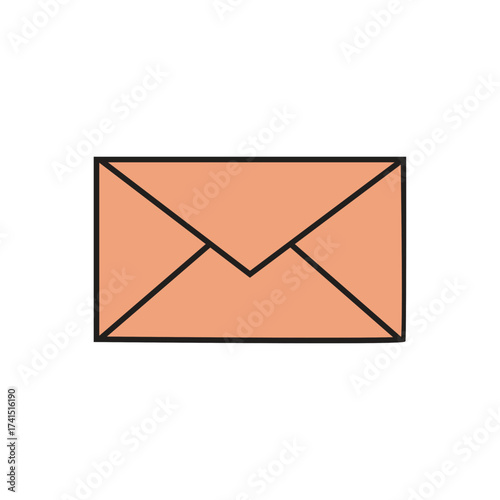 Simple flat illustration of a closed peach colored envelope with black outline on a white background