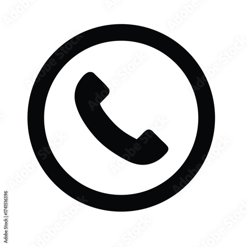 Vector illustration Black telephone handset icon inside a black circle on white symbol