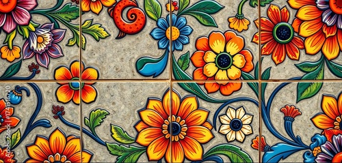 Intricate Talavera tile showcasing vibrant floral motifs and rich, glazed surface,  wall decor,  green