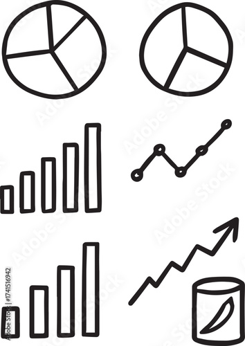 Chart and graph icon set in black silhouette with pie, bar, line, and arrow visuals for data, business, and analytics themes