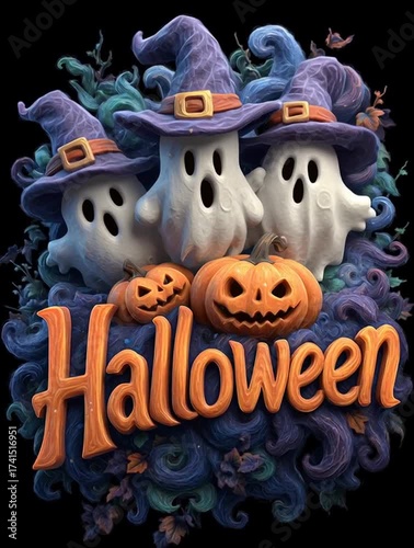 Festive animated Halloween scene with three cute ghosts wearing purple witch hats and spooky Jack-o'-lanterns on a dark background