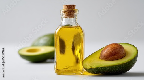 Fresh avocado oil in glass bottle with halved avocado on neutral background
