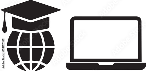 E-learning icon set in black silhouette with globe, graduation cap, and laptop for education, technology, and digital themes