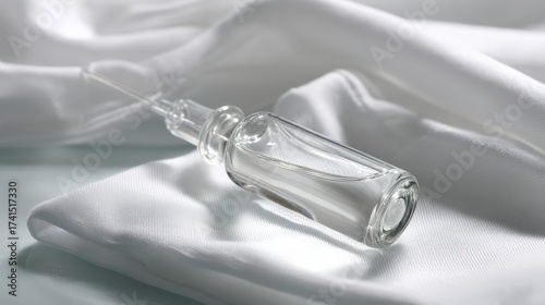 Clear glass ampoule on soft white fabric with subtle lighting