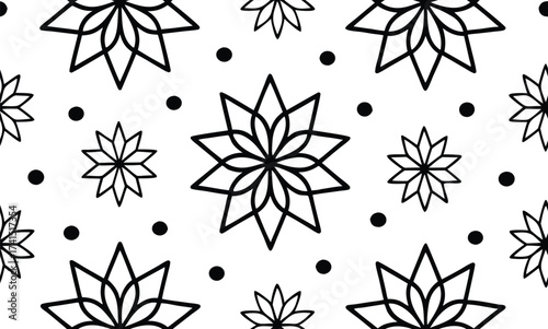Seamless geometric pattern with stylized floral motifs and scattered dots, perfect for decorative backgrounds and graphic design applications