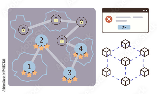 Interconnected nodes with locks and star ratings, warning popup with crossed mark and Ok button, cubical blockchain network. Ideal for security, technology, data, blockchain, ratings, digital safety
