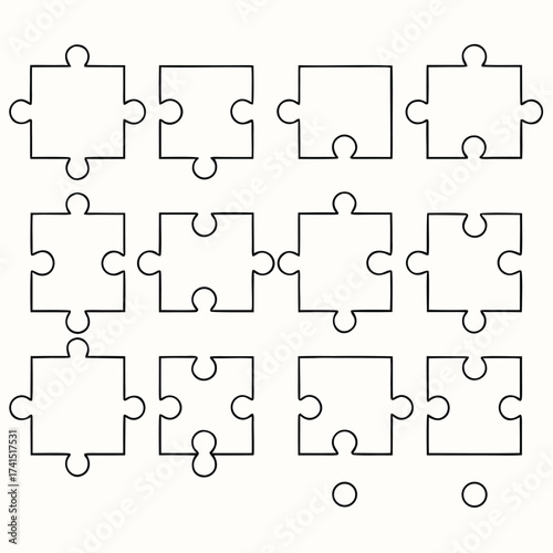 Vector illustration Twelve blank puzzle pieces arranged in three rows on white background