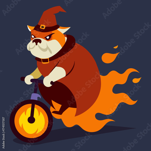 Vector art illustration of a bulldog riding a bike wearing a witch hat and robe