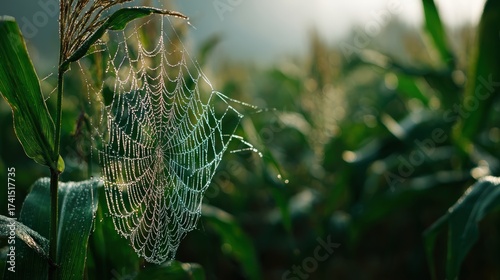 Dew covered spider web in lush green corn field during early morning light